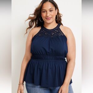 NTW Plus Size Crochet High Neck Peplum Tank